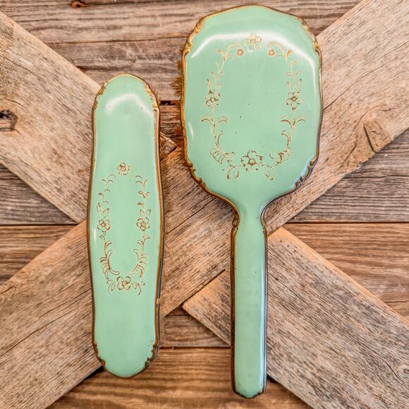 Antique Vanity Dressing Table Brush Set-Mint Green w/ Gold Trim-Delicate Floral - Picture 2 of 7